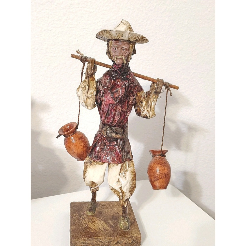 VTG Mexico Handmade Folk Art Paper Mache Cowboy Farmer Carrying Clay Pots 12"